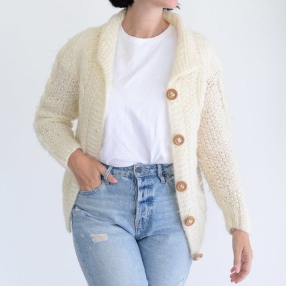 Handmade Chunky Cable Knit Natural Cream Long  Sleeve Sweater Cardigan